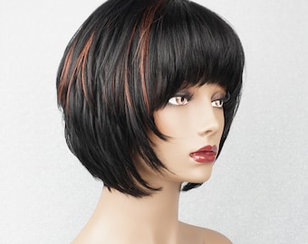 Human Hair Bob Wig with Bangs: Black & Reddish Brown Highlights, 10 Inch