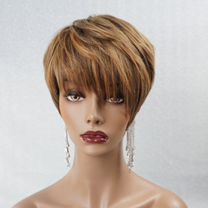 May include: A short, choppy brown wig with blonde highlights. The wig is styled with a side parting and has a fringe that falls just above the eyebrows.