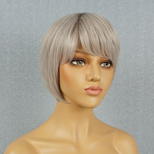 Grayish Blonde Human Hair Bob Wig with Bangs Customizable None-Lace Wigs