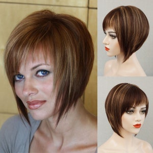 100% Real Human Hair Full Wig Cap 130 Density 10 in Glueless Bob Cut Perruque avec Frange Marron Foncé Golden Blonde Highlights Perruque pour Femmes