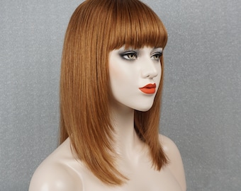 May include: A medium-length auburn wig with straight bangs. The wig is styled with a side part and has a natural-looking finish.