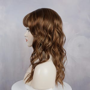 Wavy Human Hair Wig Medium Brown with Golden Blonde Highlights  20in Customizable None-Lace Wigs