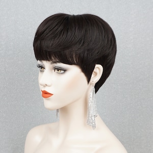 Natural Black Pixie Cut Human Hair Wigs for Women Party Wigs With Bangs ...