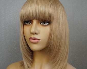 Blonde Highlight Human Hair Wig with Bangs 12" Layered Bob Customizable None-Lace Wigs