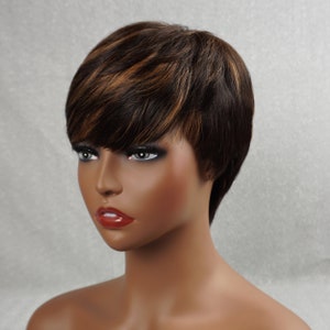Pixie Wig Human Hair Black with Copper Brown Highlights Customizable None-Lace Wigs