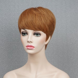 Copper Brown Human Hair Pixie Short Wig with Bangs Customizable None-Lace Wigs
