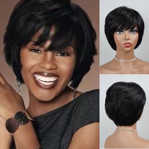 Medium Length Curly Bob Human Hair Wigs for Women Black Bob Wigs with Bangs for Women