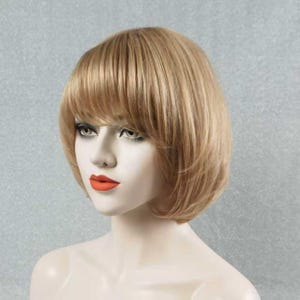 Golden Blonde Human Hair Bob Wig with Bangs 10in Customizable None-Lace Wigs