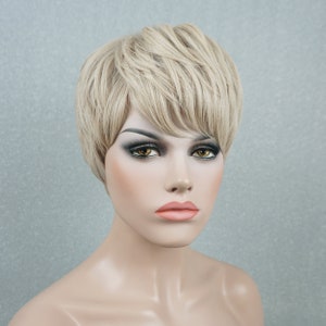 Grayish Blonde Human Hair Pixie Wig with Bangs Customizable None-Lace Wigs