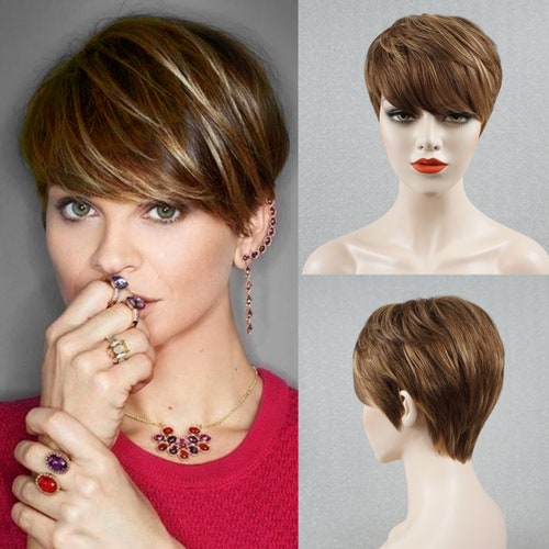 Brown Human Hair Pixie Wigs for Women Short Blonde Highlights - Etsy Brown Human Hair Pixie Wigs for Women Short Blonde Highlights - Etsy