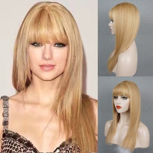 Blonde Long Straight Human Hair Wigs for Women Non Synthetic Party Wigs with Bangs Cosplay Wigs