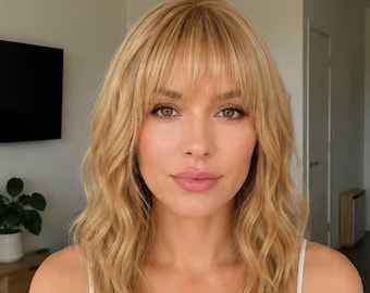 Human Hair Wavy Bob Wig Warm Beige Blonde French Bangs Platinum Highlights Customizable