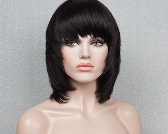 Layered Black Human Hair Wig with Bangs 12in Customizable None-Lace Wigs