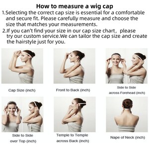 May include: An instructional graphic titled How to measure a wig cap, featuring text and six diagrams showing measurement techniques for cap size, front to back, side to side across forehead, side to side over top, temple to temple, and nape of neck.