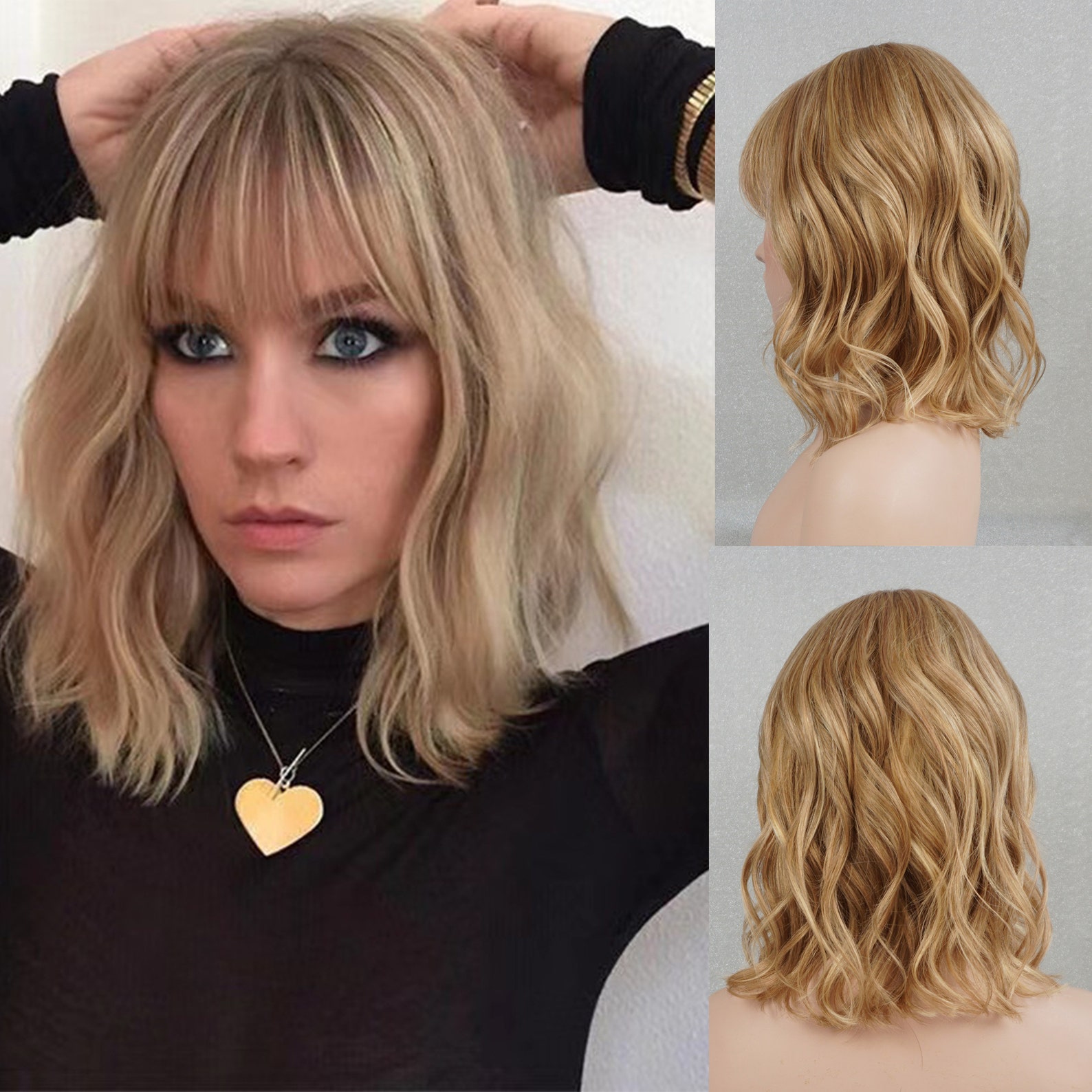 Ash Blonde Human Hair Wigs For Women Wavy Bob Wig With Bangs Etsy Canada