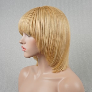 Golden Blonde Human Hair Bob Wig with Bangs: Cream Blonde Highlights, 10 Inch