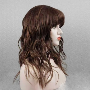 Wavy Human Hair Wig Medium Brown with Golden Blonde Highlights  20in Customizable None-Lace Wigs
