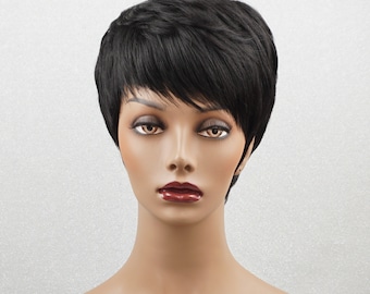 100% Human Hair Natural Black Natural Look Short Pixie Wigs Full Cap Wig with Bangs Wig for Women 150 Density Customizable Ready to Wear Wig