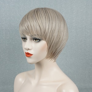 Grayish Blonde Human Hair Short Bob Wig with Bangs Customizable None-Lace Wigs