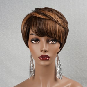 Warm Brown Pixie Short Wig with Copper Highlights Human Hair Customizable None-Lace Wigs