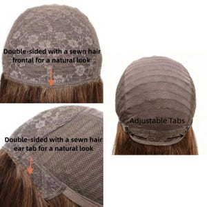 May include: A brown wig cap construction featuring a lace front with a sewn hair frontal, a sewn hair ear tab, and adjustable tabs at the nape. The interior shows a mesh lace base with horizontal fabric strips and text labels indicating features.