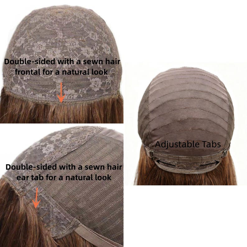 May include: A brown wig cap construction featuring a lace front with a sewn hair frontal, a sewn hair ear tab, and adjustable tabs at the nape. The interior shows a mesh lace base with horizontal fabric strips and text labels indicating features.