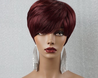 Wig Pixie Short Cut Swoop Bang Ombre Burgundy Red Wine Hair  display picture 2