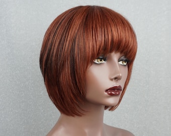 Reddish Brown Mix Black Human Hair Bob Wig with Bangs 10in Customizable None-Lace Wigs