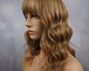 Perruque Mi-longue Ondulée Brun Blond Clair - Avec Frange + 1 Bonnet Offert - Neuf