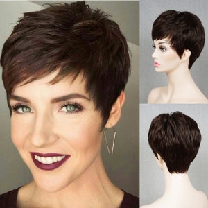 Mocha Pixie Cut Human Hair Wigs for Women Brown Wigs with Bangs Party Wigs