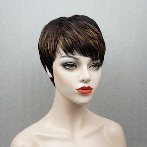 Pixie Cut Human Hair Wig Black with Auburn Highlights Customizable None-Lace Wigs