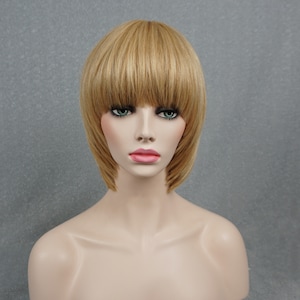 Golden Blonde Human Hair Bob Wig with Bangs 10in Customizable None-Lace Wigs