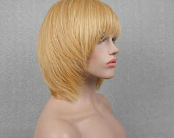 Golden Blonde Human Hair Bob Wig with Bangs - 10 inch