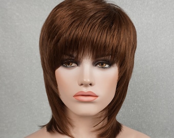 Human Hair Brown Shag Wig with Bangs 12in Customizable None-Lace Wigs