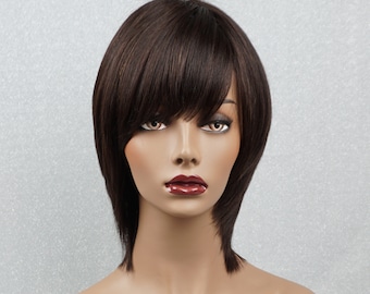 Dark Brown Human Hair Wig Shag Cut with Bangs 12in Customizable None-Lace Wigs