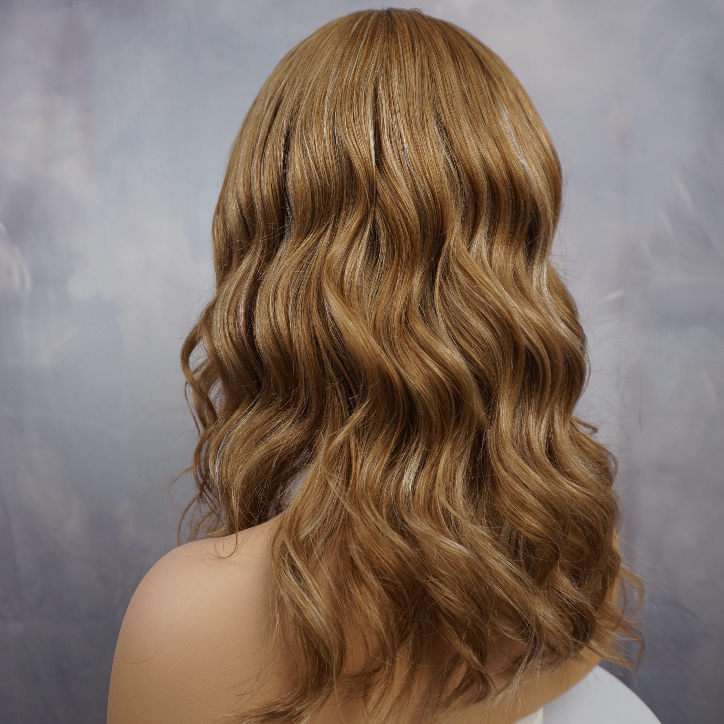 Long Wavy Human Hair Wig Light Brown Blonde Highlights Bangs 