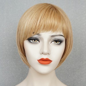 Golden Blonde Cream Blonde Highlights Human Hair Bob Wig with Bangs Customizable None-Lace Wigs