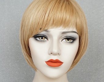 Golden Blonde Cream Blonde Highlights Human Hair Bob Wig with Bangs Customizable None-Lace Wigs