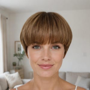 May include: A light brown wig featuring a short, rounded bowl cut style with straight, blunt-cut bangs that frame the forehead. The hair has a smooth, layered texture with subtle highlights, creating a natural appearance with a soft, rounded shape.