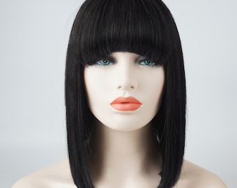 100% Human Hair Black Straight 12in Bob Medium Length 150 Density Full Cap Wig with Bangs Natural Look Daily Wear Customizable Wig for Women