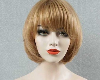 Golden Blonde Human Hair Bob Wig with Bangs 10in Customizable None-Lace Wigs