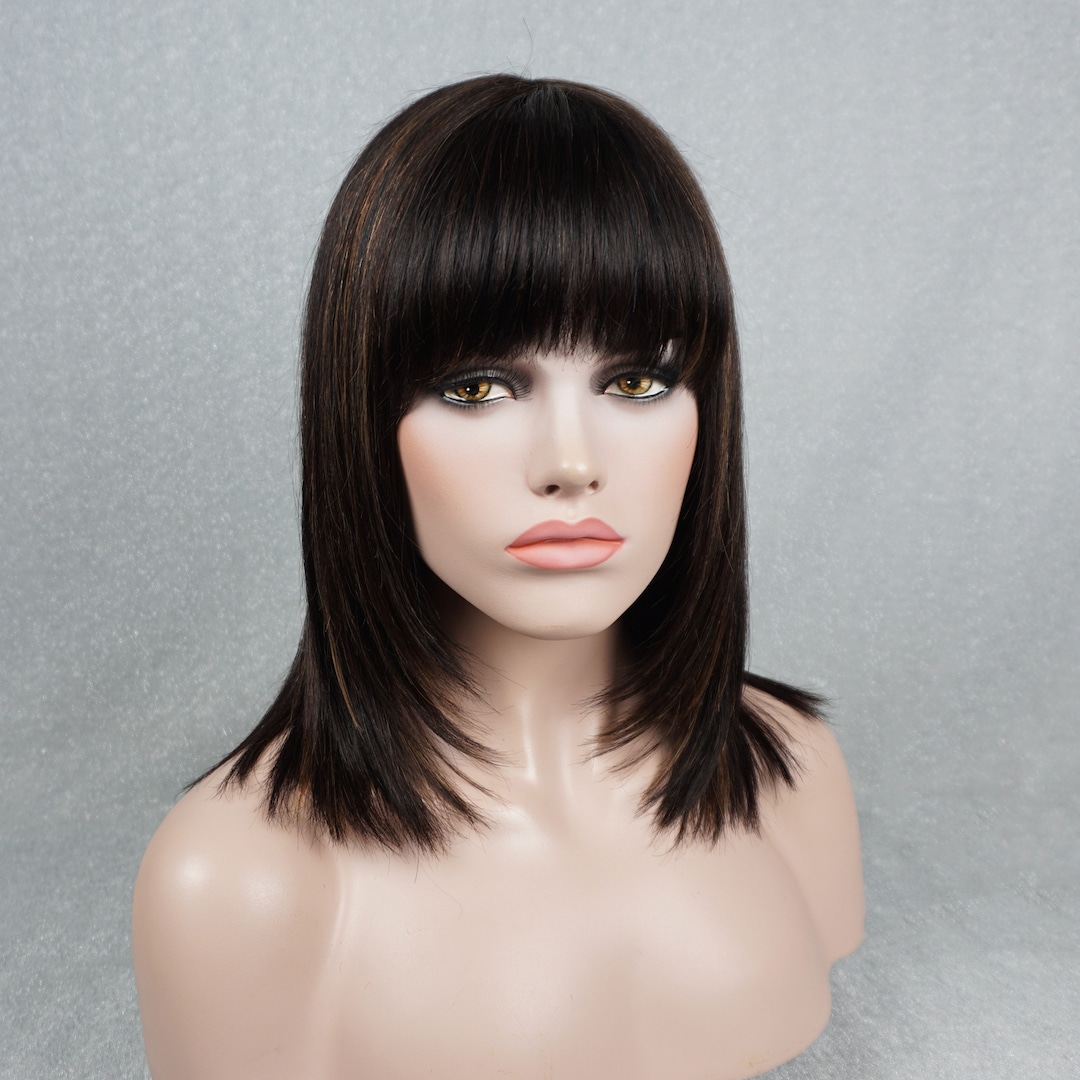 Perruque à Frange Cheveux Semi-naturels Lisses Noir Et Mèches Marron - Longueur 18", Neuve Sans étiquettes