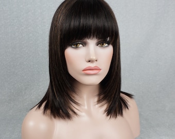 Human Hair Wig with Bangs Black Auburn Highlights 14in Customizable None-Lace Wigs