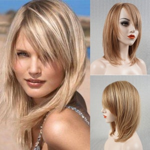 Mid-length Bob Wigs w/ Bangs for Women Human Hair Full Wig Ash Blonde Straight Wig with Light Blonde Highlight
