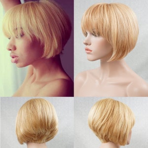 613 Bob Cut Wig pour femmes Human Hair Full Wig Cap 8 « Straight Wig w / Bangs Golden Blonde Hair w / Light Blonde Highlights