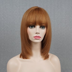 Copper Brown Human Hair Wig with Bangs 14in Customizable None-Lace Wigs