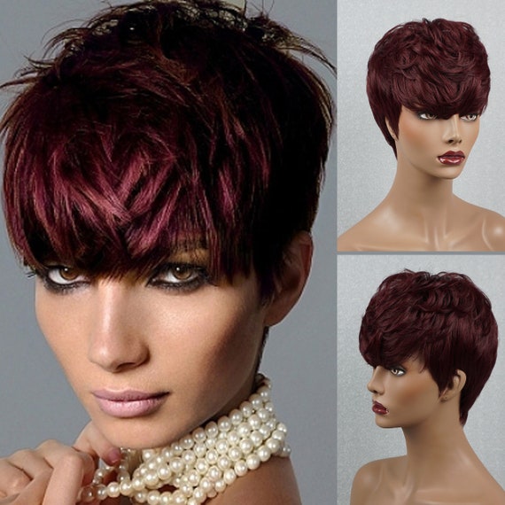 Burgundy Pixie Cut Human Hair Wig With Bangs Short Wigs Etsy