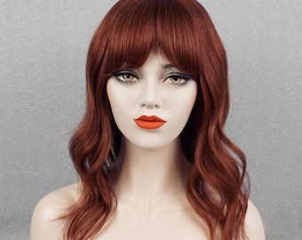 Reddish Brown Human Hair Wig Long Wavy with Bangs Customizable None-Lace Wigs