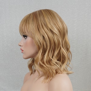 Med-Blonde Human Hair Wig with Bangs: Wavy Shoulder Length Bob