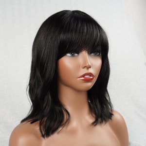 Black Wavy Human Hair Wig with Bangs 14in Customizable None-Lace Wigs